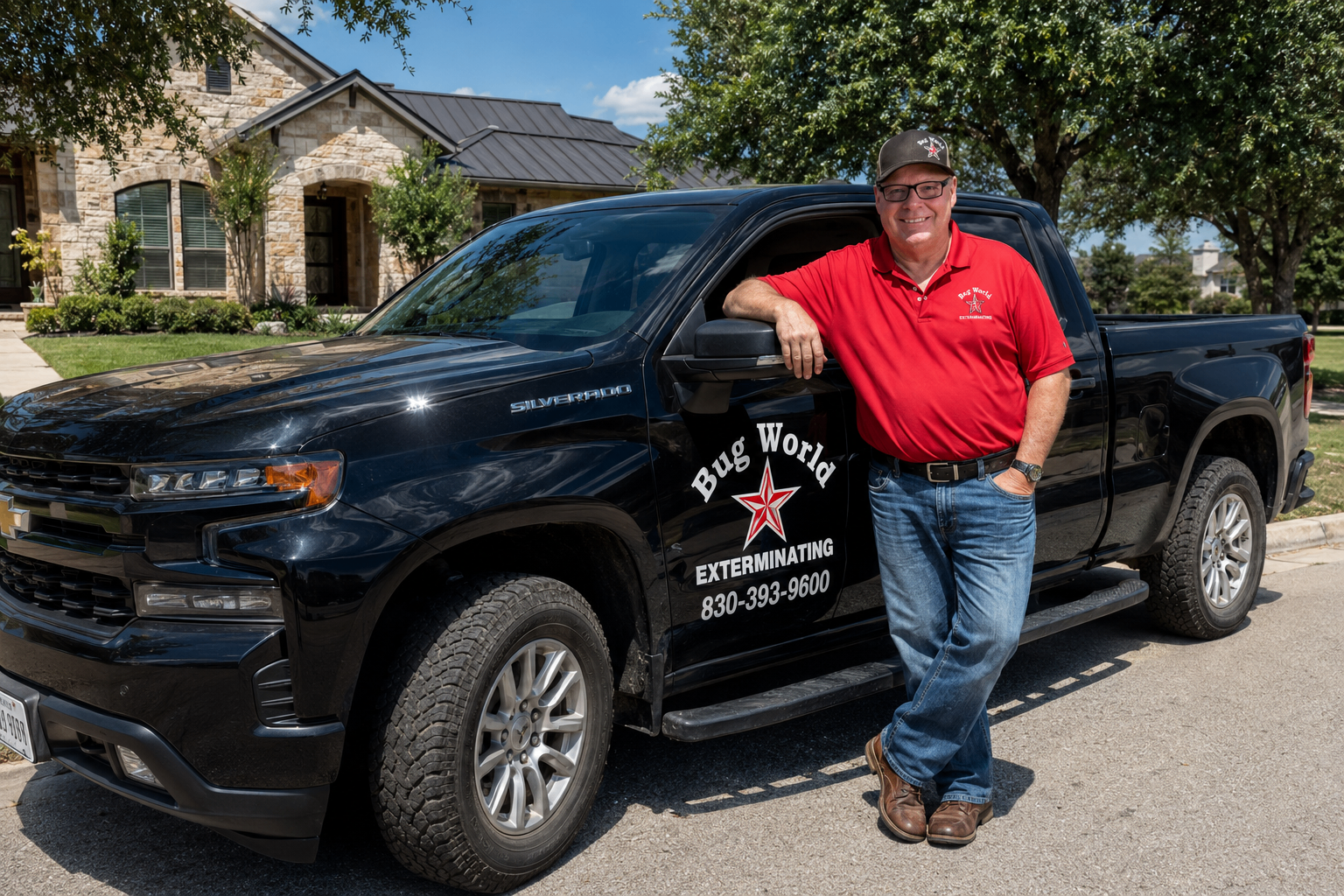 Bug World Exterminating owner standing beside the company truck